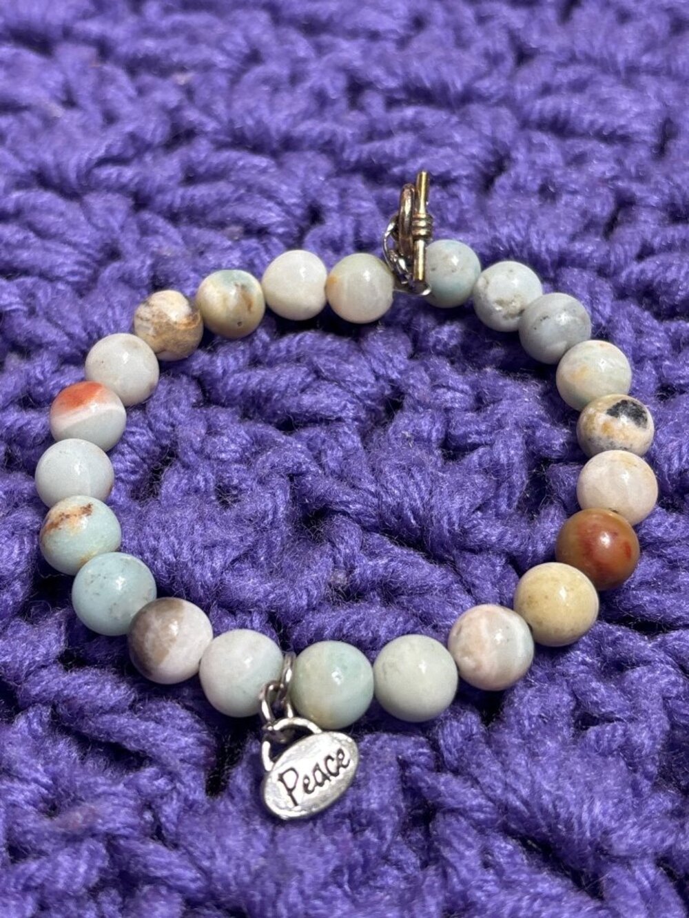 Artisan Amazonite Stone Beaded Bracelet Silvertone Peace Charm Toggle Clasp 7 in